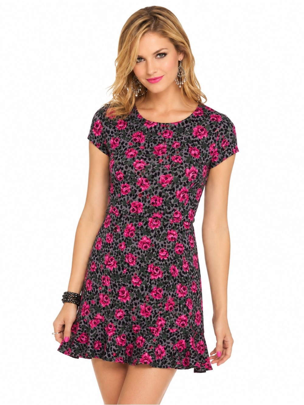 Betsey Johnson Rose Floral Dress Scuba Mini Ruffle Leopard Bodycon